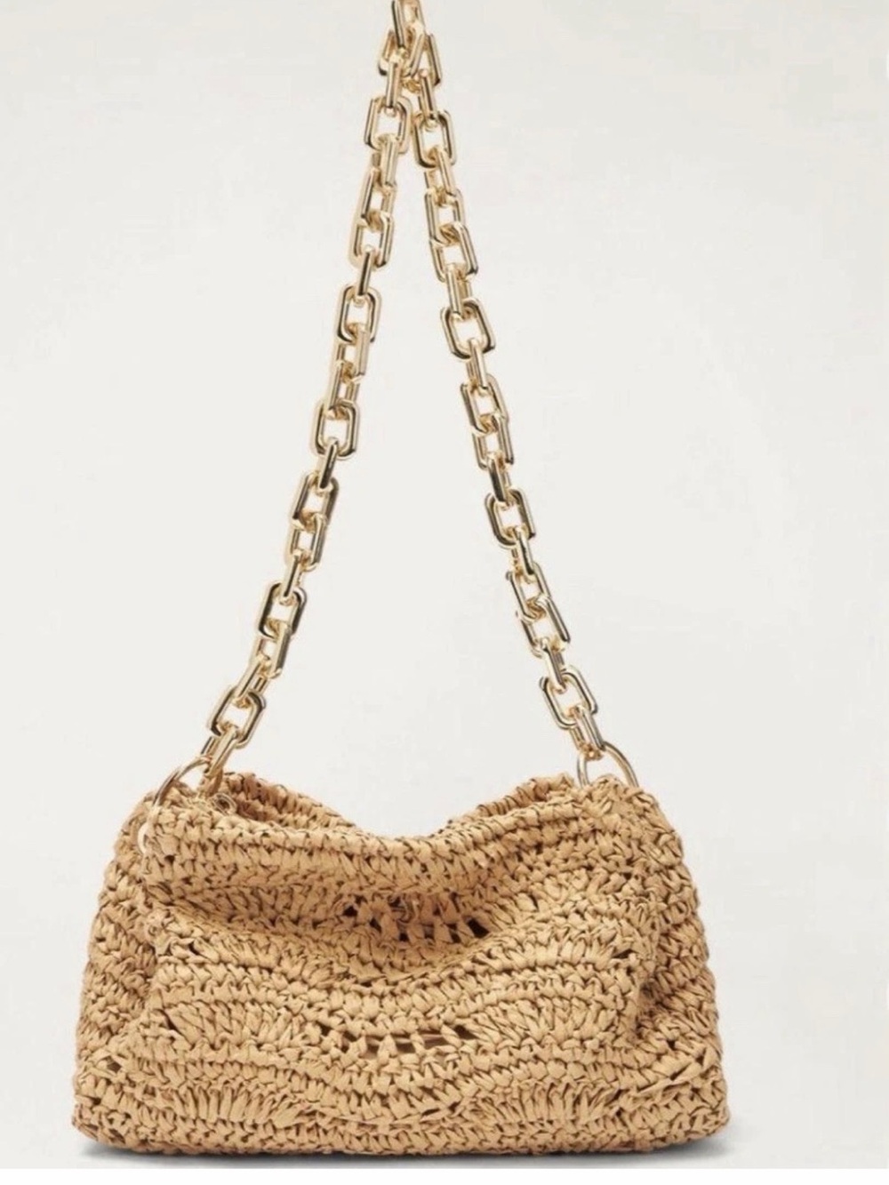 Zara Natural Woven Shoulder Bag with Gold Chain